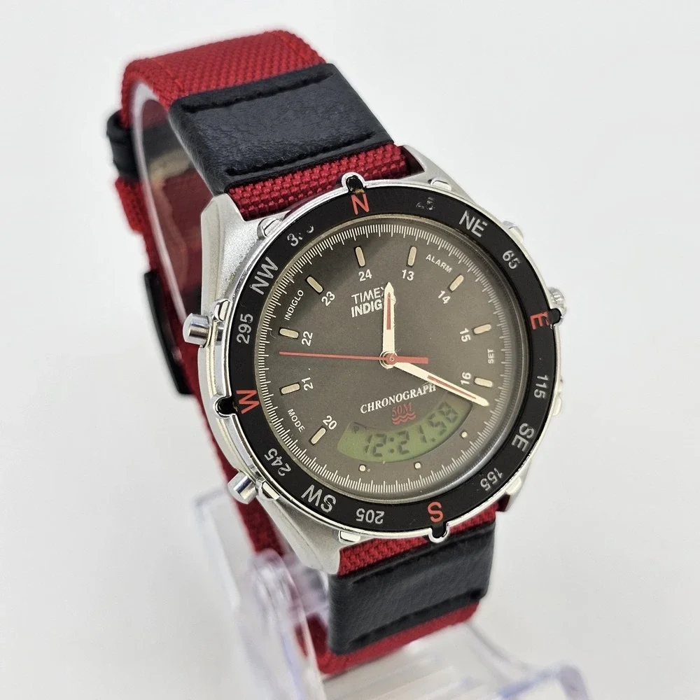 VTG Timex Analog Digital Men's Watch 40MM Brown Dial New Red Bands New Battery